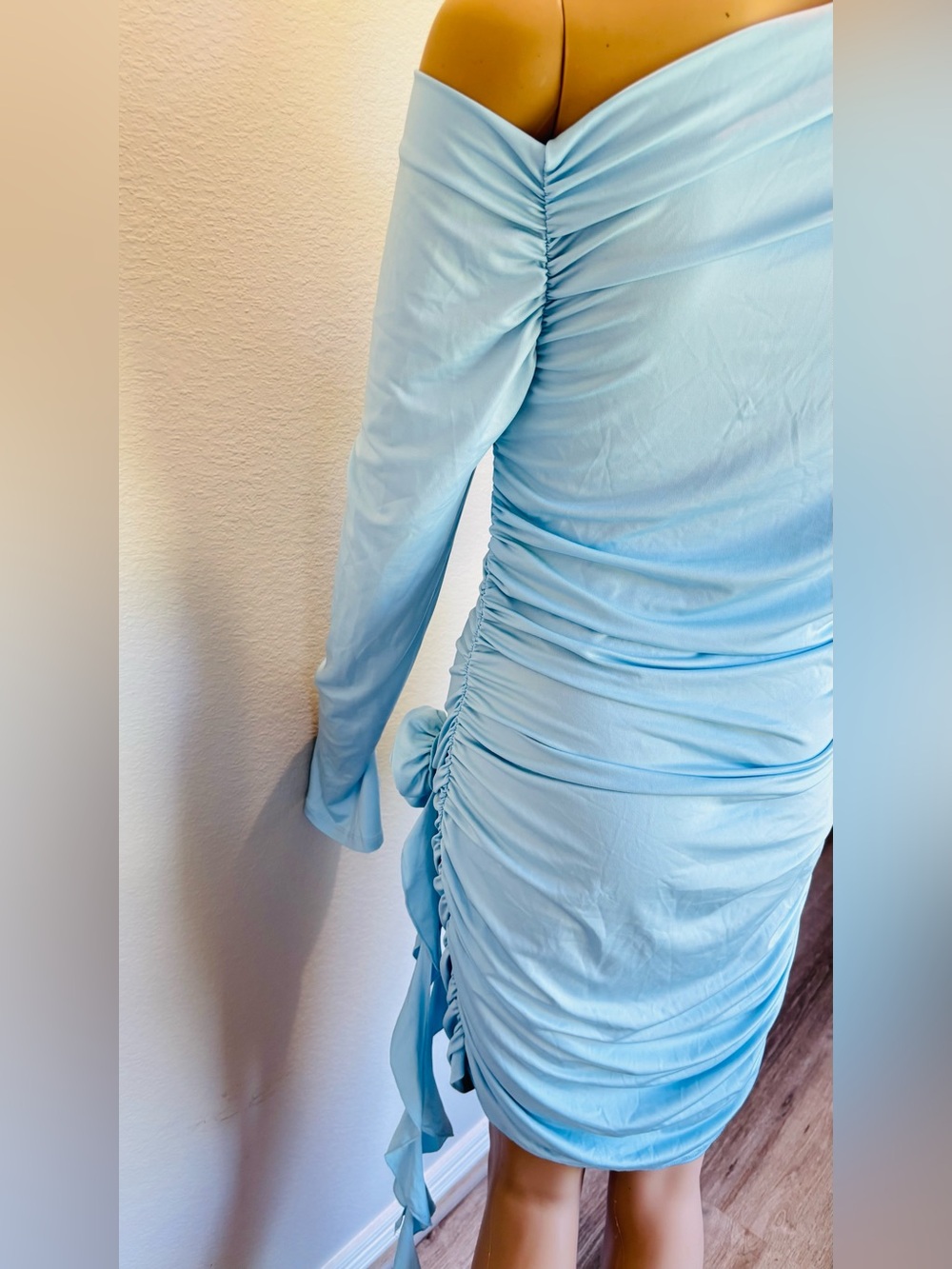 SHEIN Baby Blue One-Shoulder Ruched Mini Dress with Rosette Ruffle NWT - Picture 16 of 16